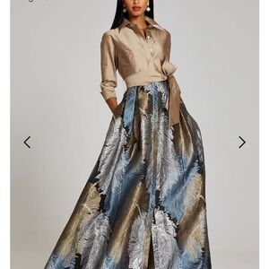 Teri Jon Feather Print Maxi Skirt in Blue and Gold